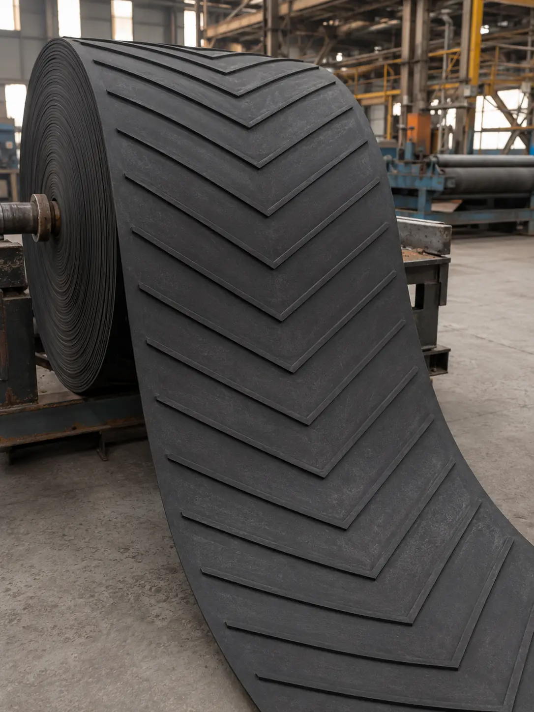 Chevron conveyor belt with raised V-shaped profiles in an industrial workshop