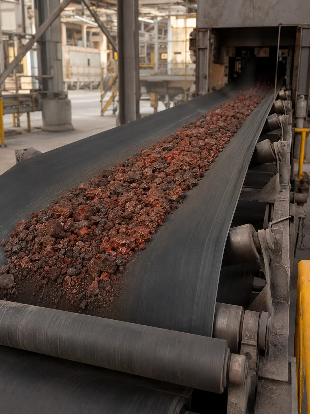 Heat-resistant conveyor belt carrying hot clinker in an industrial plant